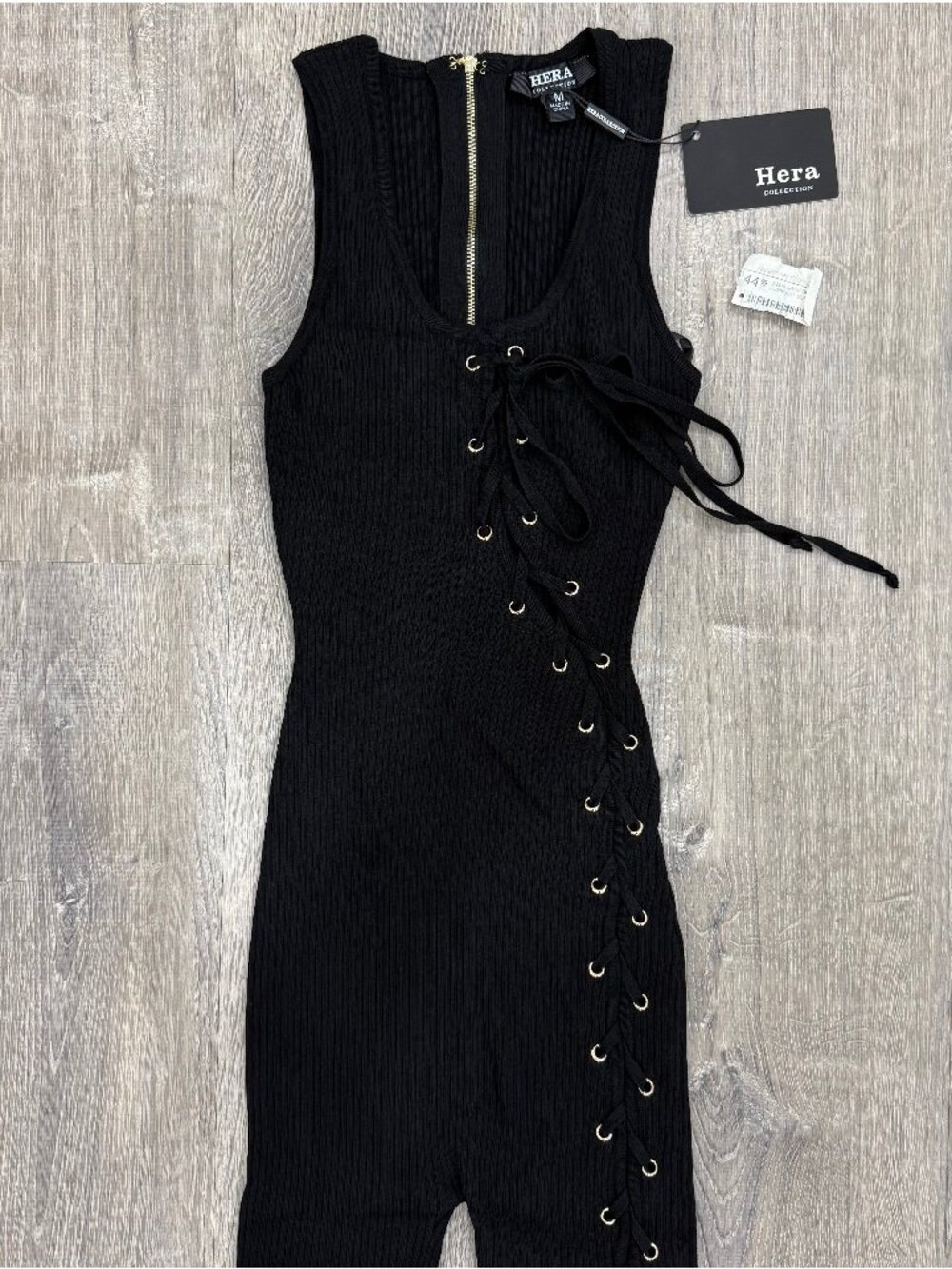 Hera Collection Jumpsuit Womens Medium M Black Lace Down Bodice Ribbed Bodysuit